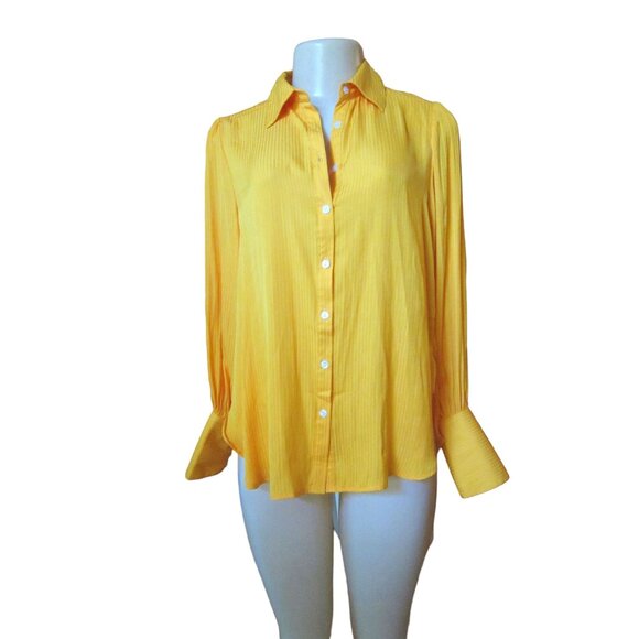 Free People Serena Silky Gold Yellow Button Down Stripe Shirt in Size XS - Picture 1 of 6